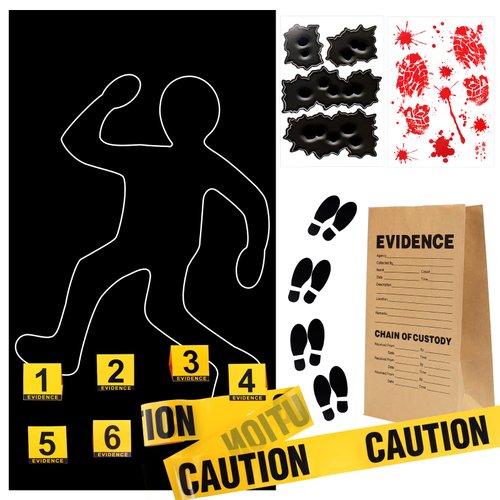 Keymall 15 Pcs Crime Scene Decoration Includes Body Silhouette Caution Tape Evidence Marker Bag Footprint Bullet Hole Stickers For Halloween CSI Theme Murder Mystery Dinner Party Room Decor