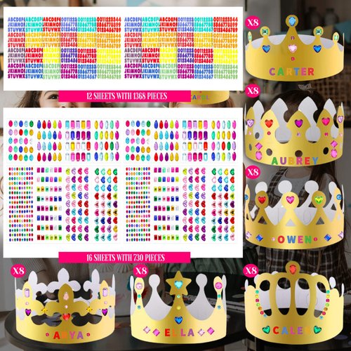 Axeyil 76 Pcs Paper Crowns for Kids Boys Girls Adults Princess Prince King, Classroom Crown, Birthday Party Hats with Gold Gem Jewels Number Letter Stickers, DIY Decor Favor Supplies