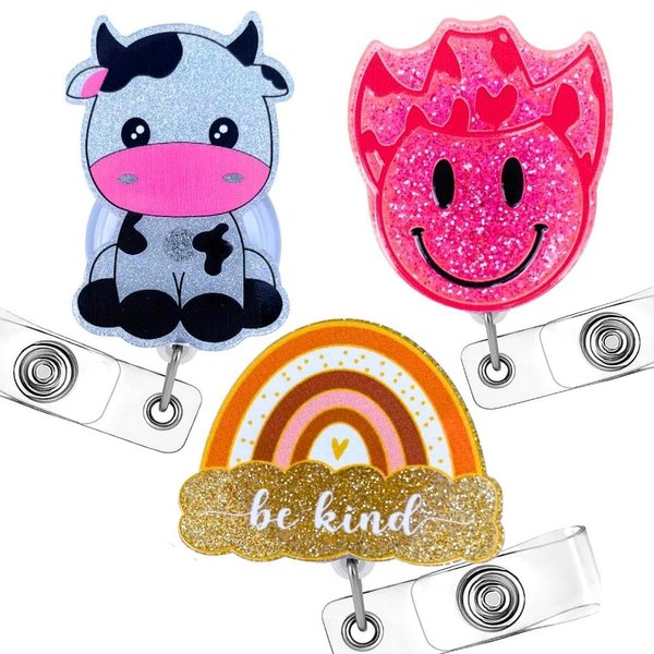 3 PC Cute Badge Reel Retractable with ID Clip with Funny Cow Pink Smiley Face Be Kind Boho Rainbow for Nurse Nurses Nursing Doctor Student Work Office Hospital Supplies Accessories Gifts