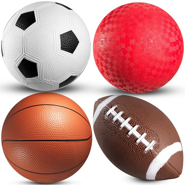 Bedwina Sports Balls for Kids & Toddlers - (Pack of 4) 5-inch Sports Balls Set Includes Football, Small Soccer Ball, Basketball, and Playground Balls, Fun Indoors & Outdoor Toys (Hand Pump Included)