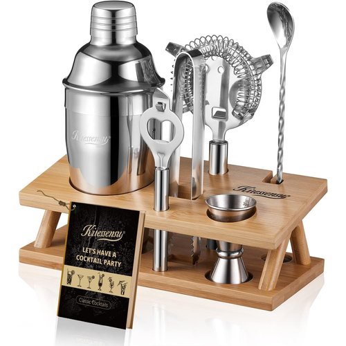 KITESSENSU Cocktail Shaker Set Bartender Kit, 6-Piece Silver Bar Set with Stand, Bar kit with Essential Bar Accessory Tools: Martini Shaker, Jigger, Strainer, Bar Spoon, Tongs, Opener