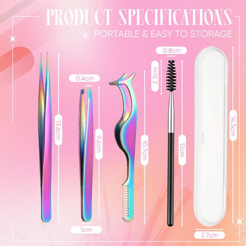 Baderke 5 Pcs Lash Applicator Tool Set Lash Tweezers for DIY Individual Lash Clusters Application and Removal Straight and Curved Eyelash Extension Tweezers with Storage Box and Eyebrush (Colorful)