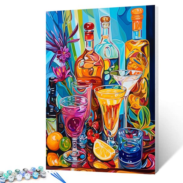 Happy Red Wine Party Framed Oil Paint by Numbers for Adult Kids Beginner Cocktails and Champagne Digital Painting Kit 16x20 inch Fruits Art Acrylic Arts Craft Kitchen Decor Beer Gift (DIY Frame)