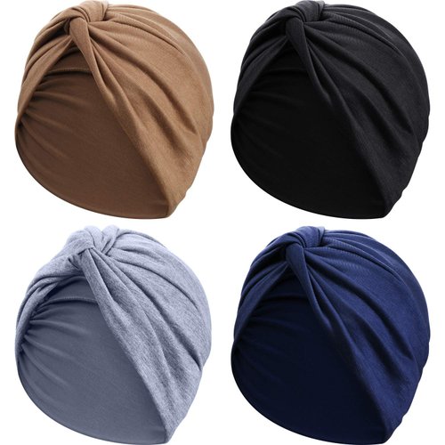 SATINIOR 4 Pieces Turbans for Women Soft Pre Tied Knot Fashion Pleated Cancer Turban Cap Chemo Headwrap Sleep Hat, 4 Colors (Black, Khaki, Navy Blue, Gray)