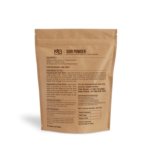 MB Herbals Sidr Powder 16 oz / 1 lb (454 Gram) | WildCrafted | Seder Lote Leaves | Ziziphus spina christi | Natural Hair Conditioner & Cleanser | Sidr 99.5%, Neem 0.5%
