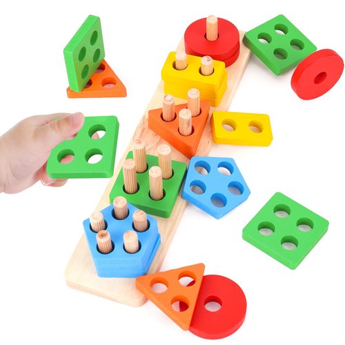 WTUST Montessori Toys for 1 2 3 Years Old Boys Girls,Toddler Learning Educational Wooden Sorting & Stacking Toys,Shape Sorter Color Stacker Toy Preschool Kid Puzzles 1-3,Ideal Christmas for Baby Gift