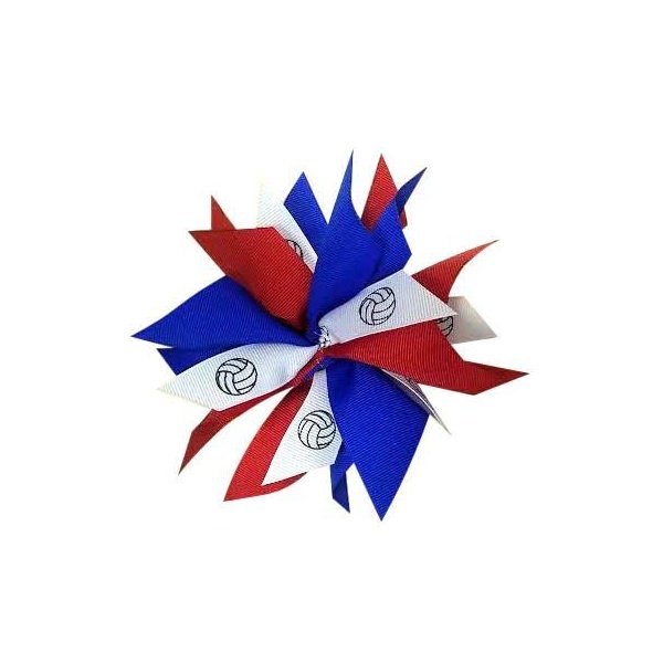 Volleyball Pom Hair Bow - Made in the USA, Red/Royal, white pony band
