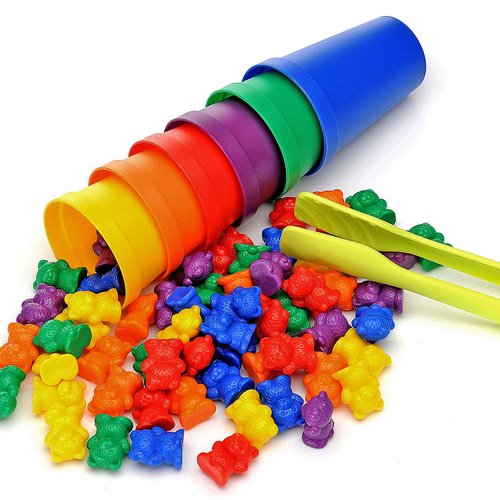Legato Counting/Sorting Bears; 60 Rainbow Colored Bears, 6 Stacking Cups, Kids Tweezers, Storage Container, and Activity eBook. Quality Educational Toy, Good for STEM and Montessori Programs.