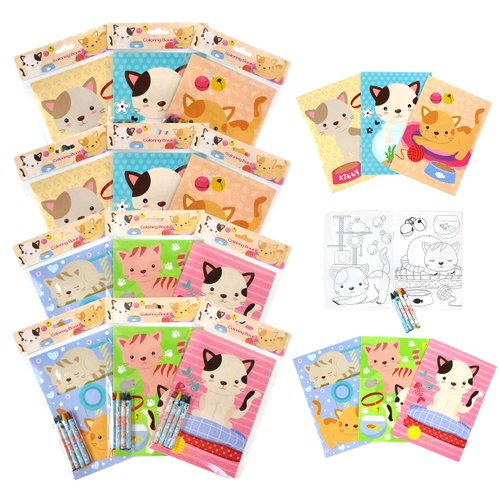 TINYMILLS Cats and Kittens Coloring Books for Kids with 12 Coloring Books and 48 Crayons, Cat Birthday Party Favors, Favor Bag Fillers, Classroom Rewards, Carnival Prizes