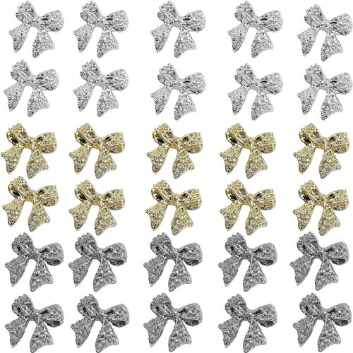 30pcs 3D Metal Bow Nail Charms for Acrylic Nails Alloy Nail Bows Gold Silver Gray Bow Knot Nail Art Charms Cute Bow Charms Kawaii Bow tie Nail Accessories Nail Jewels for Women Girls Manicure