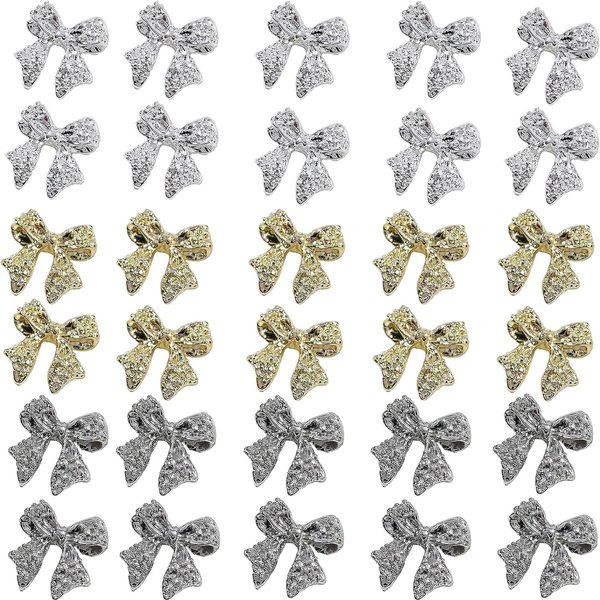 30pcs 3D Metal Bow Nail Charms for Acrylic Nails Alloy Nail Bows Gold Silver Gray Bow Knot Nail Art Charms Cute Bow Charms Kawaii Bow tie Nail Accessories Nail Jewels for Women Girls Manicure