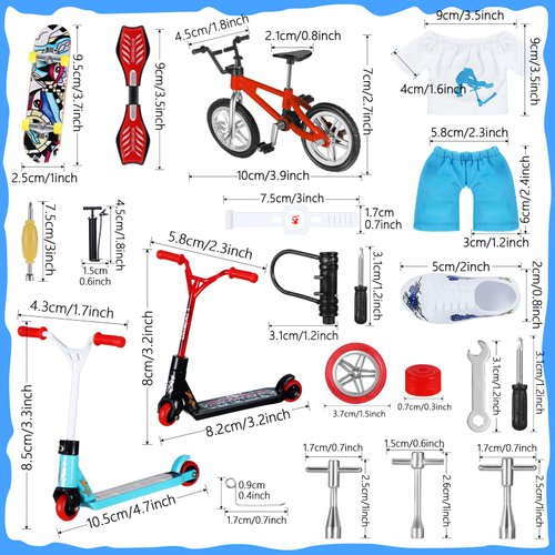 Charniol 57 Pcs Mini Finger Toy Set, Finger Skateboards, Finger Bikes, Finger Scooter, Finger Tops, Finger Pants, Finger Shoes, Finger Knee Pads, Mini Bike Wheels Tools for Christmas Party Gift