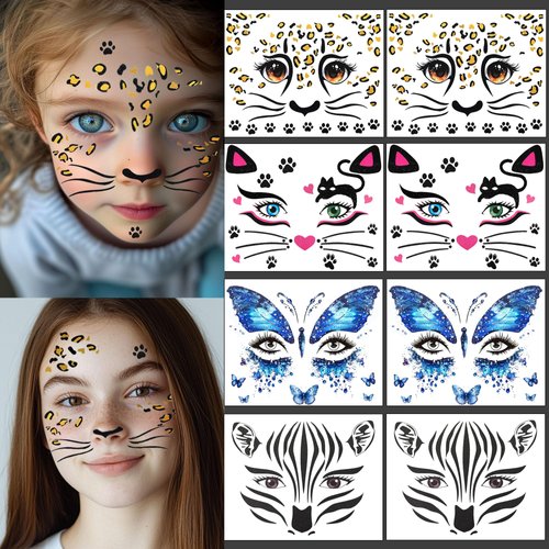 8Pcs Halloween Tattoos For Kids,Halloween Face Tattoos Cat Face Stickers Cat Makeup Halloween,Temporary Tattoos Face Tattoos Leopard Face Stickers (8 Animal Tattoo Stickers)