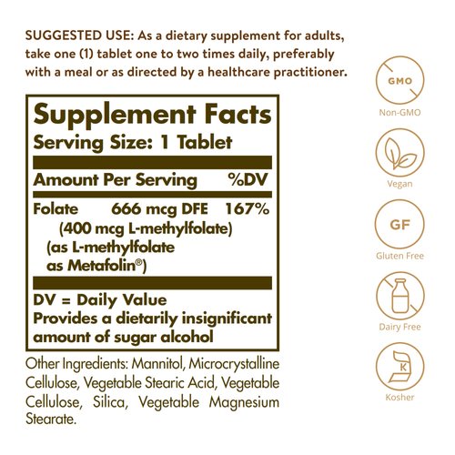 Folate 666 MCG DFE (Metafolin 400 MCG) 100 Tablets - Non-GMO, Vegan, Gluten Free, Dairy Free, Kosher - 100 Servings