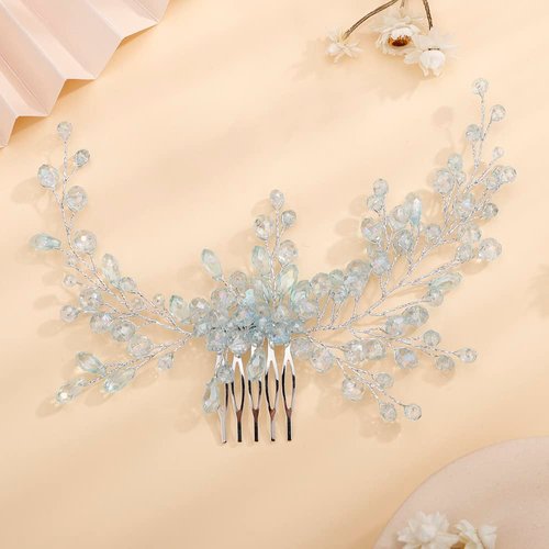Teyglen Dainty Blue Rhinestones Bridal Hair Comb Headband with Crystals for Women and Girls (Light Blue)