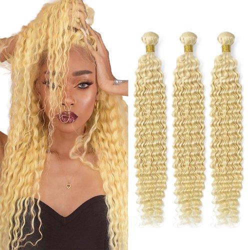 613 Bundles Blonde Deep Wave Human Hair Bundles 14 14 14 inch 8A Grade Brazilian Virgin Remy Hair Extensions 3 Bundles Double Weft Blonde Bundles Human Hair 613 Deep Wave Bundles