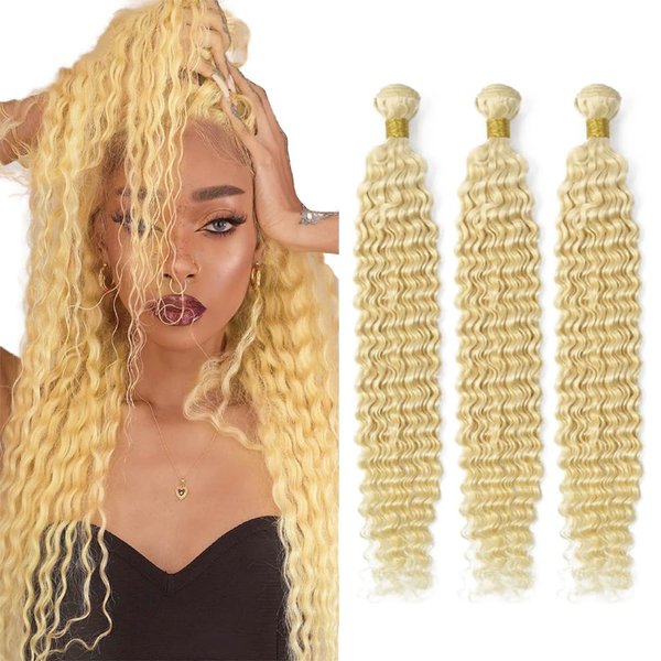 613 Bundles Blonde Deep Wave Human Hair Bundles 14 14 14 inch 8A Grade Brazilian Virgin Remy Hair Extensions 3 Bundles Double Weft Blonde Bundles Human Hair 613 Deep Wave Bundles