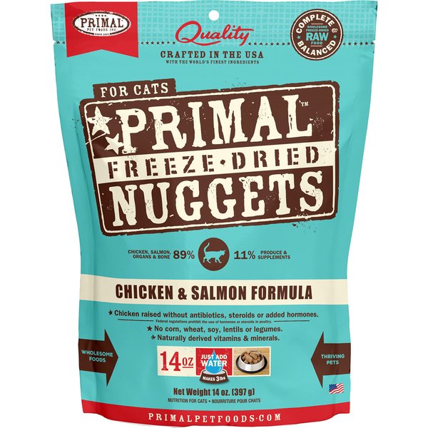 Primal Freeze Dried Cat Food Nuggets Chicken & Salmon; Complete & Balanced Meal or Topper; Premium, Healthy, Grain Free, High Protein Raw Cat Food with Probiotics (14 oz)