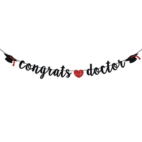 Black Glitter Congrats Doctor Banner - Doctor Graduation Decorations - Future Doctor, Medical School Graduation Party Decorations