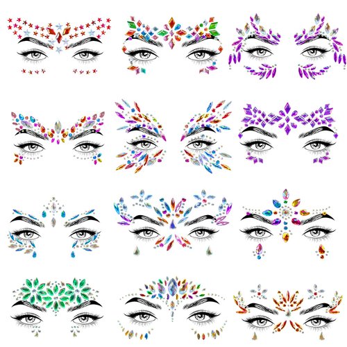 Allruyee 12 Sets Face Jewels Face Gems Mermaid Glitter Rhinestone Crystal Sticker Waterproof Eyes Face Temporary Tattoos for Party,Rave Festival,Carnival,Holiday Costumes,Rave Accessories,Makeup