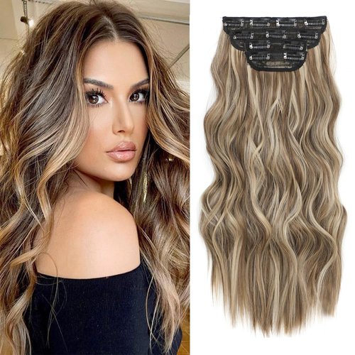 Clip In Hair Extensions 4PCS Light Brown Highlighted Dirty Blonde Hair Extensions Clip ins Smooth and Tangle Free Lightweight Lace Net Synthetic Hairpieces