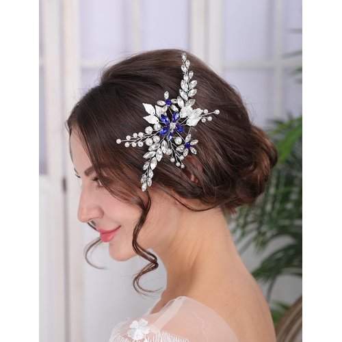 Teyglen Silver Leaf Headpiece Flower Bride Wedding Hair Comb Bridal Crystal Hair Comb Pearl Rhinestone Hair Piece Hair Accessories for Women Girls