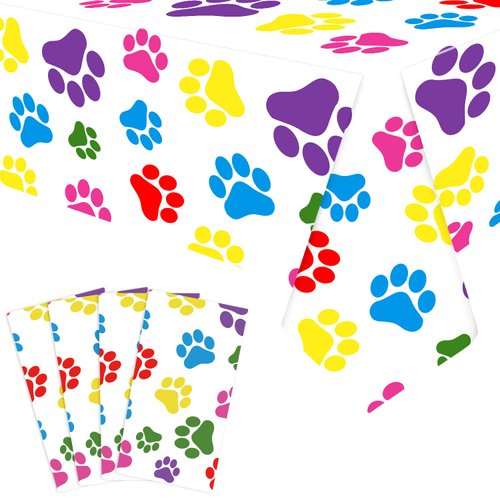 4 Pack Puppy Dog Pet Paw Print Plastic Tablecloth Table Cover - Color Paw Birthday Party Decorations Dog Party Decorations, Puppy Party Supplies for Dog Cat Birthday Party (51 Inch x 86 Inch)