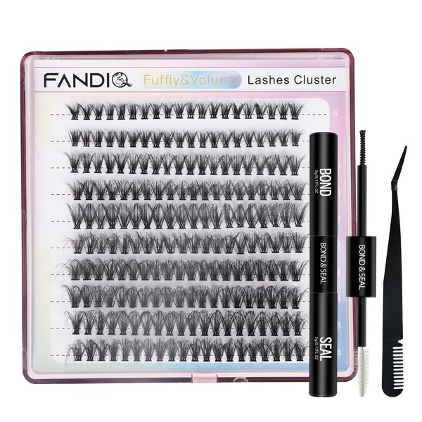 FANDIQ Cluster Lashes Extension Kit,200PCS Individual Eyelash Extension Kit 8-16MIX Fluffy DIY Lash Clusters D Curl Wisper Lashes Kit with Lash Bond and Seal Lash Tweezers for Self Use(40D)