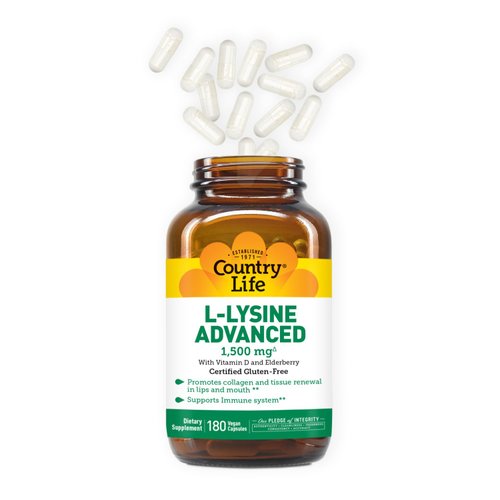 Country Life L-Lysine 1500mg Capsules with Vitamin D & Elderberry – Advanced Immune Support and Collagen Renewal – Certified Gluten-Free & Vegan – 180 Capsules