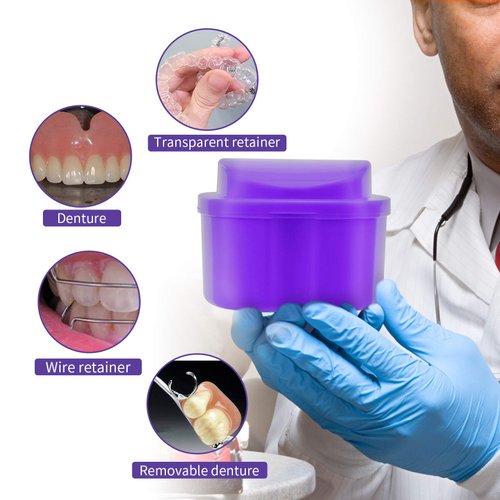 Denture Soaking Cup Dental Retainer Case Cleaning with Strainer Basket, Orthodontic Bath Box Mouthguard Storage Holder - Leak Proof and Lid Waterproof - Purple