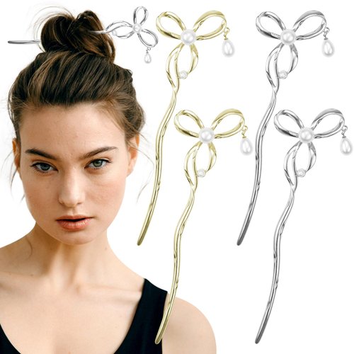 4 Pcs Bow Metal Hair Sticks Pearl Vintage Hair Chopsticks Metal Hair Pins Chignon Classical Hair Fork Chinese Hair Jewelry Accessories for Long Hair Women