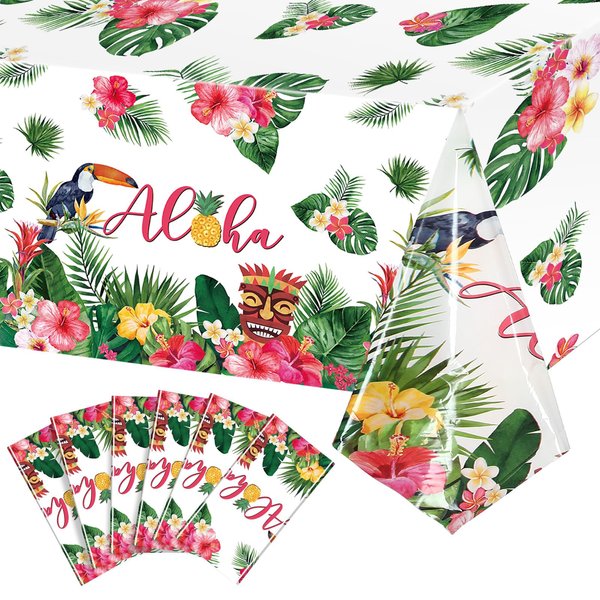 Breling Hawaiian Luau Tablecloths, 108 x 54 in Luau Decorationtropical Palm Leaves Table Cloth Hawaii Disposable Plastic Rectangular Table Cover Tiki Party Supplies for Birthday Summer(6 Pack)