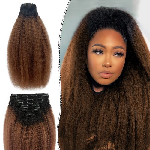 OiMiGO Real Hair Extensions, Ombre Black Kinky Straight Clip in Hair Extensions Black to Medium Auburn Clip ins Extension for Black Women 7 Pieces 14 Inch 120g Remy Human Hair Clip on Extensions
