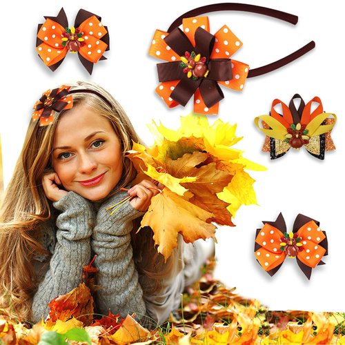 Thanksgiving Turkey Headband Hair Bow Clips Set for Women Autumn Glitter Bowknot Hair Hoops Barrettes Dot Headpiece Hairband Hair Accessories for Girls Fall Festival Christmas Day Party 4Pcs