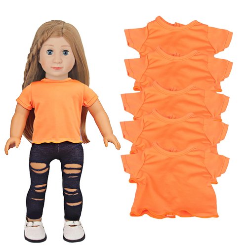 AugFrog 5 Pcs Doll T-Shirts for 18 Inch Dolls, Summer Outfit Doll Clothes Doll Accessories, Short Sleeved T-Shirts Classical Tee Fit for 18 Inch Doll (Orange)