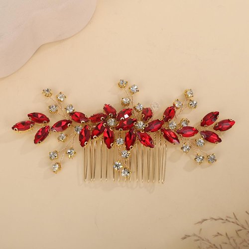 Rumtock Red Rhinestones Side Headpiece for Women Handmade Hair Comb with Crystal Handmade Long Hair Accessories (Red)