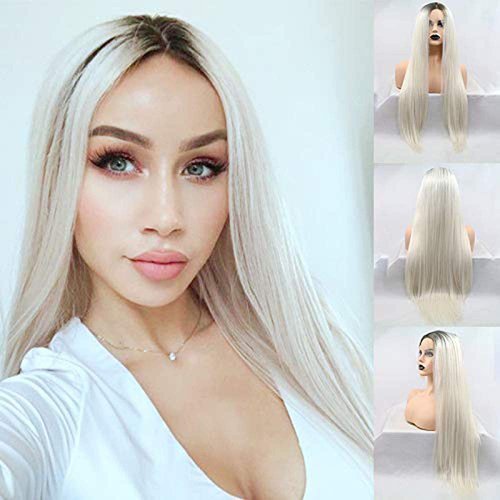 karissa Hair Platinum Blonde Lace Front Wigs for Women Blonde Long Synthetic Wigs with Dark Roots Ombre Blonde Long Straight Wigs Glueless Heat Resistant Cosplay Daily Party Use 24inches