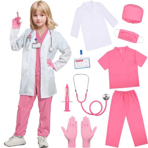 SIZGAROOT Doctor Costume for Kids Toddler Girls Boys Doctor Costume with Lab Coat Halloween Party Dress Up (Pink, 8-9 Years)