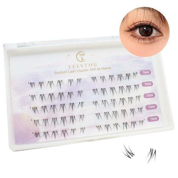 Lash Clusters for Bottom Lashes, DIY Bottom Lash Extensions, TEESTOU Lower Individual Lashes Natural look 7mm Under False Lashes for Bottom Eyelashes with Clear Band(Bottom Lash Extesnion-X03-7mm)