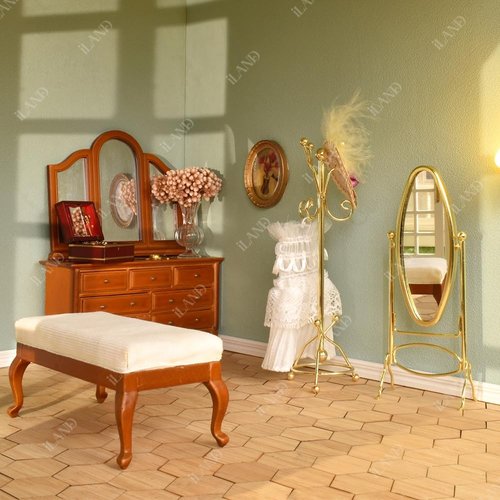 iLAND Dollhouse Furniture and Accessories on 1:12 Scale, Miniature Coat Rack & Full Mirror (Golden Color)