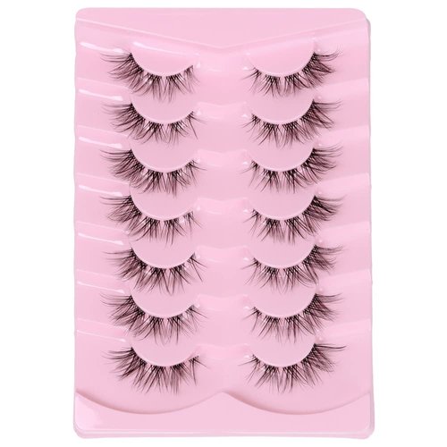 DSLONG Cat Eye Lashes Natural Look Manga Lashes Clear Band False Eyelashes Look Like Lash Extension 12mm Fluffy Wispy Short Fake Eyelashes 7 Pairs Fox Eye Natural Lashes (CB-01)