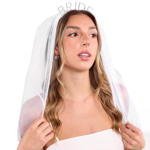 xo, Fetti Bride Rhinestone Headband with Detachable Veil | Bachelorette Party Decorations, White Headpiece Bridal Shower Gift, Bridesmaid Favors, Engagement Accessory