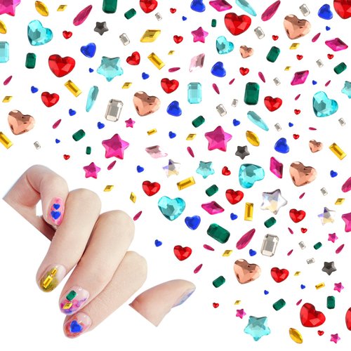 HLTOO 150PCS Rhinestones Nail Art Charms, Colorful Flatback Crystal Gems Nail Art Accessories Decoration, Heart Star Water-Drop Round Geometric Multi Shapes Rhinestones for Crafts Nail Supplies