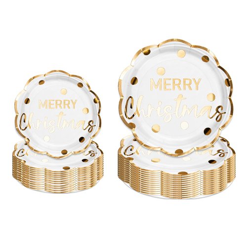 LeZakaa 50Pcs Christmas Paper Plates Sets - Merry Christmas Lettering in White, Gold Foil Design Disposable Party Plates Decorative Tableware Supplies Table Decor - 7 Inch & 9 Inch