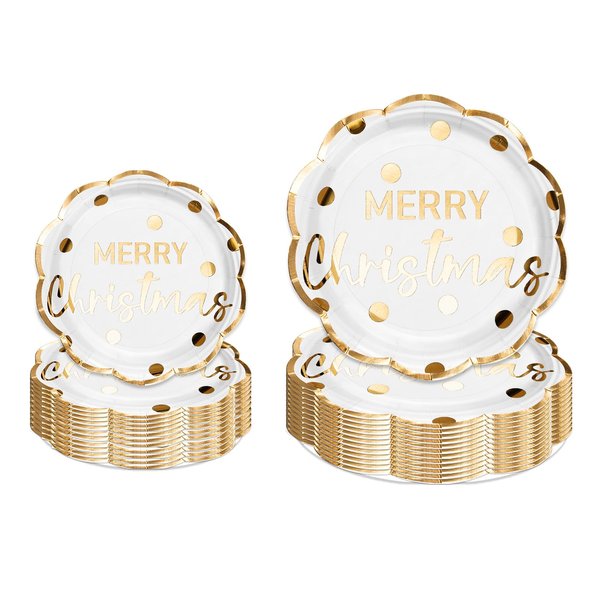 LeZakaa 50Pcs Christmas Paper Plates Sets - Merry Christmas Lettering in White, Gold Foil Design Disposable Party Plates Decorative Tableware Supplies Table Decor - 7 Inch & 9 Inch