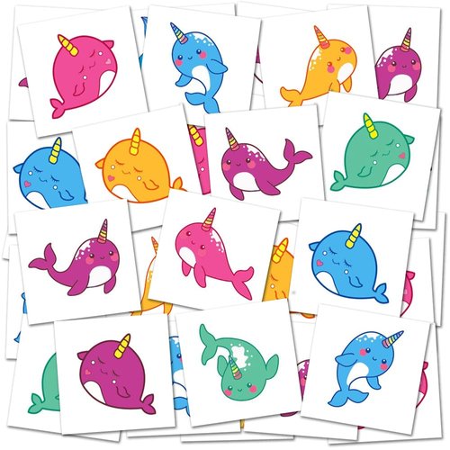 ArtCreativity Narwhal Temporary Tattoos for Kids - Bulk Pack of 144 in Assorted Colors, Non-Toxic 2 Inch Narwhal Tats, Birthday Party Favors, Goodie Bag Fillers, Non-Candy Halloween Treats
