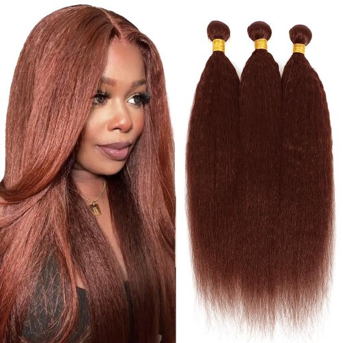 Niciitysi Color #33 Bundles Human Hair Copper Red Brown Yaki Straight Human Hair Bundles 10 12 14 Reddish Brown Human Hair Bundles Brazilian Virgin Remy Hair Extensions For Black Women