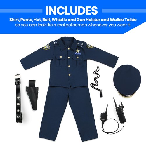 Dress Up America Deluxe Police Dress Up Costume Set - Includes Shirt, Pants, Hat, Belt, Whistle, Gun Holster and Walkie Talkie (T4)