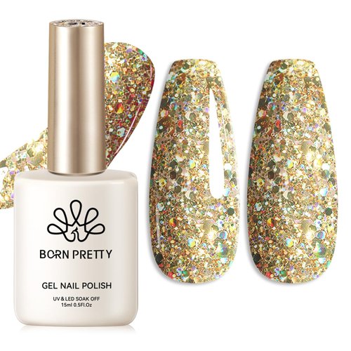 Born Pretty Hema-Free Glitter Gel Nail Polish, 15ml Sparkly Gold Soak Off U V LED Gel Polish Nail Art Design Manicure Salon DIY Home,Gift for Girls