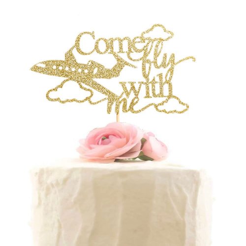 Airplane Wedding Cake Topper, Come Fly with Me Cake Toppers, Jet Plane Pilot Wedding Party Decorations, Gold Glitter